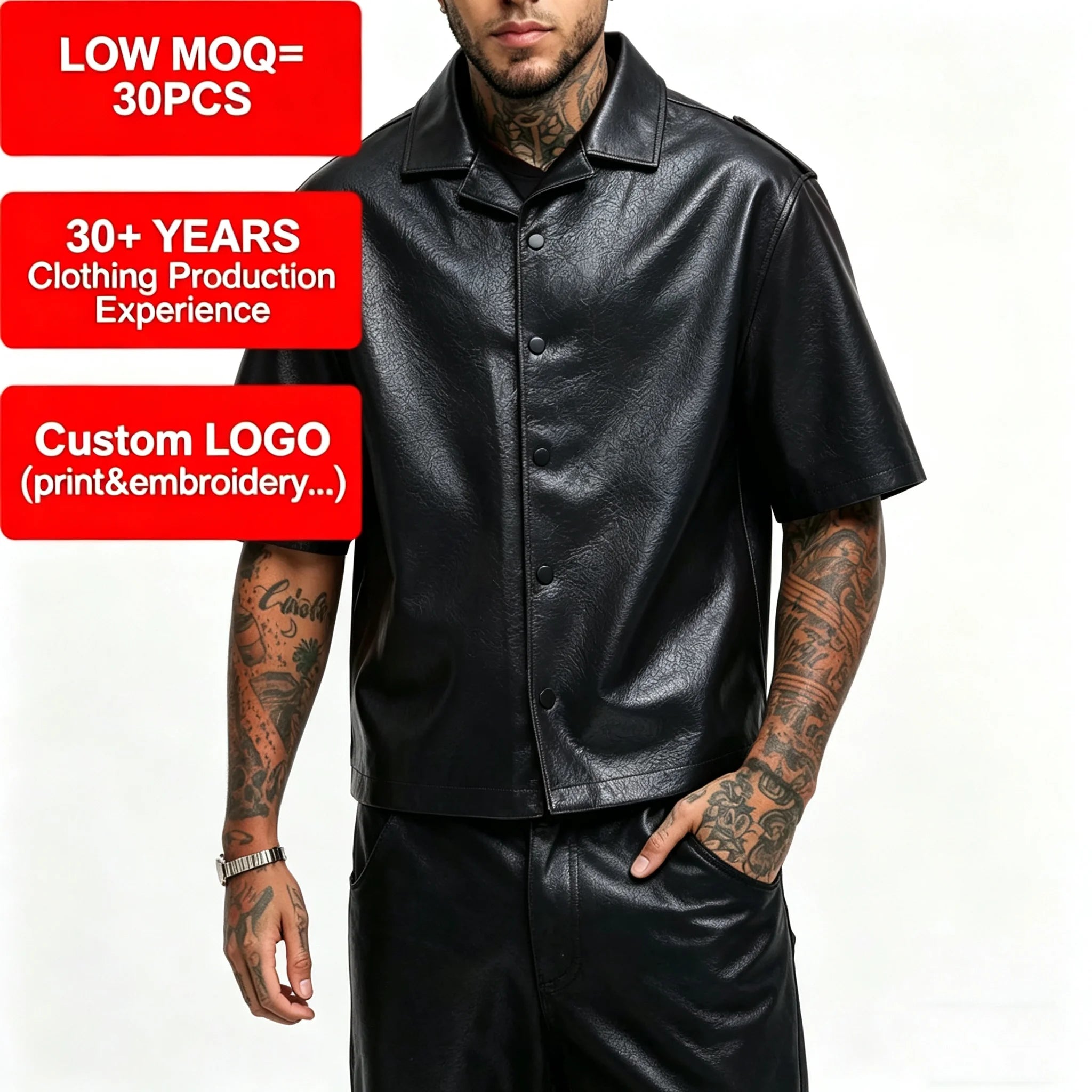 Men's Black Embossed Faux Leather Knitted Short Sleeve Button Down Vintage Shirt Breathable Eco-Friendly Collared Top for Autumn