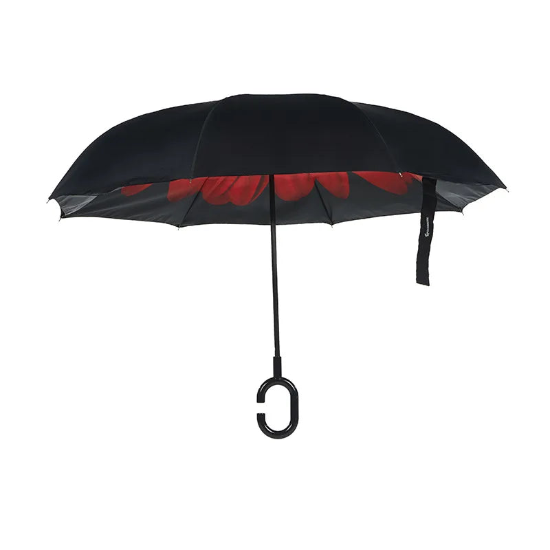 High Quality Promotion Double Canopy Custom Print Hands Free Hook Shape Upside-down Handle Inverted Reverse Car Umbrella