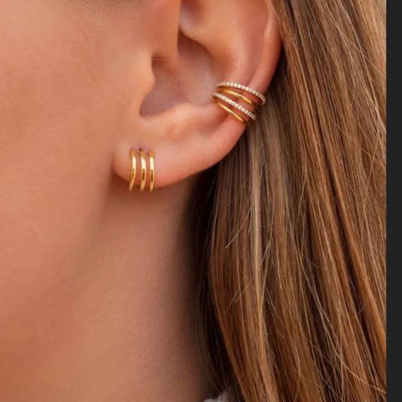 JOOLIM Jewelry Trendy Earring 18K Gold Plated Three Layers Hollow C Hoop Earrings Stainless Steel Earrings Wholesale