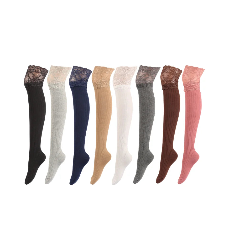 Women's New Style Over-the-Knee Lace High Thigh Socks Spring Autumn Cotton Breathable Knitted Vertical Stripe Non-Slip Stockings