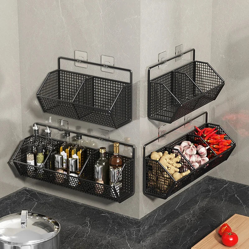 Wall-Mounted Metal Spice Box No Punching Hanging Basket for Ginger Garlic and Onion Household Kitchen Storage Rack Artifact MegaBDM