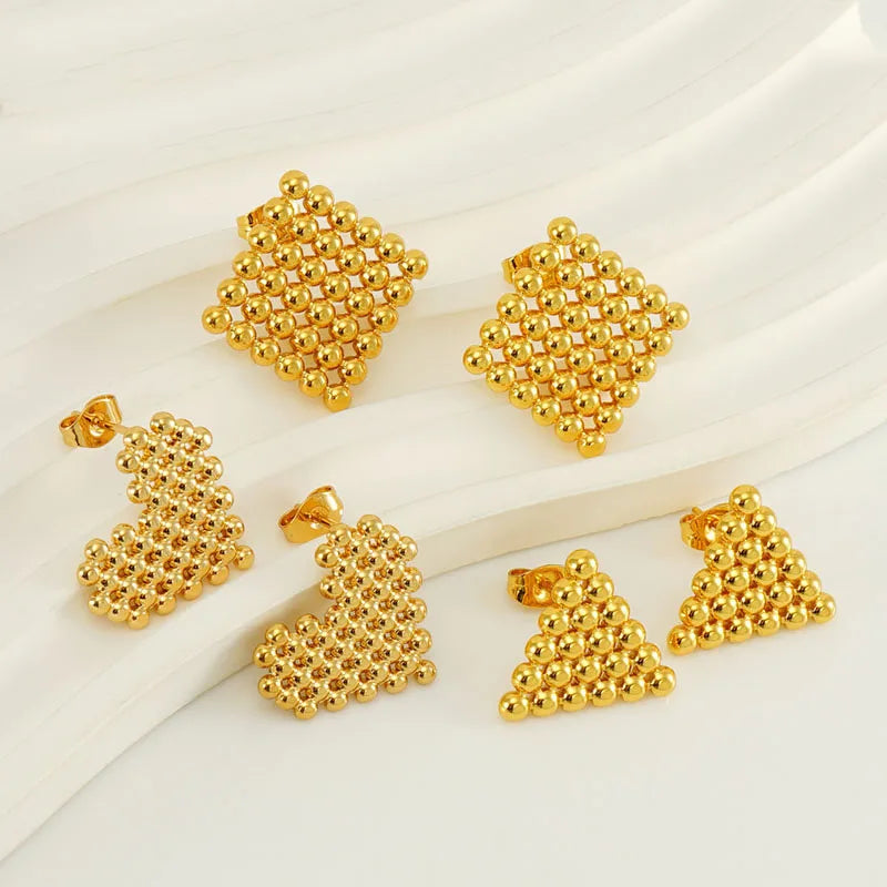 New Arrival Titanium Steel Round Bead Square Stud Earrings 18K Gold Plate Stainless Steel Geometric Heart Earrings for Women