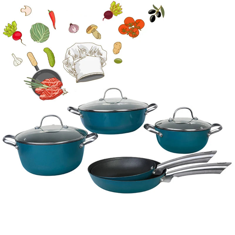 Bright Houseware Ceramic Cast Iron 8-Piece Skillet Pot Dutch Oven Set Non-Stick Enamel Vintage Blue Home Kitchen Cookware