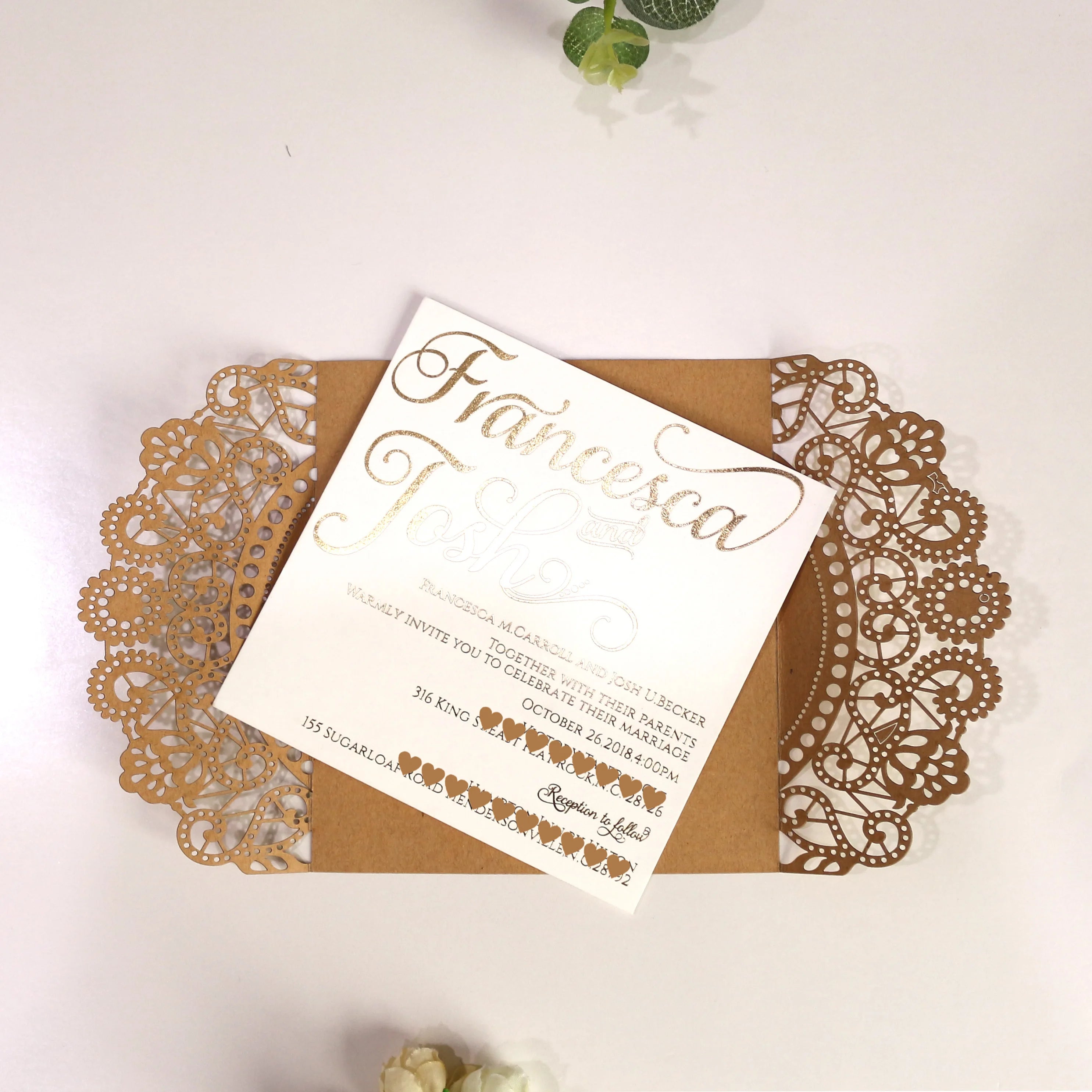 Modern Luxury DIY Wedding Invitation Cards Gold Foil and White Paper Classic Laser Cut Fold Design with Music and Angel Style