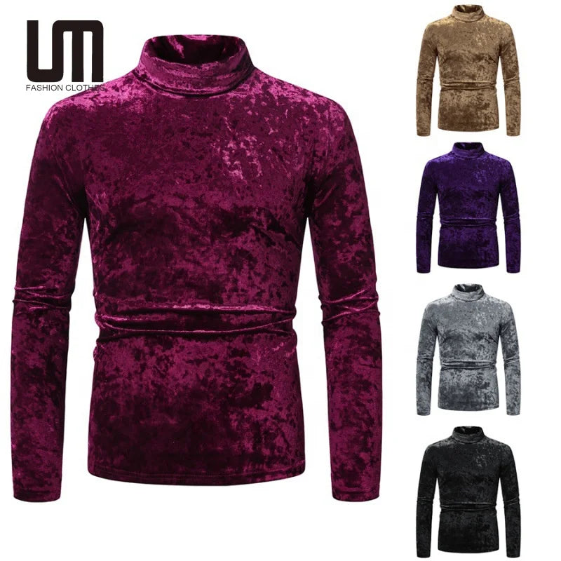 Autumn Winter Fashion Men Clothing Pullover Gold Velvet Long Sleeve T Shirts