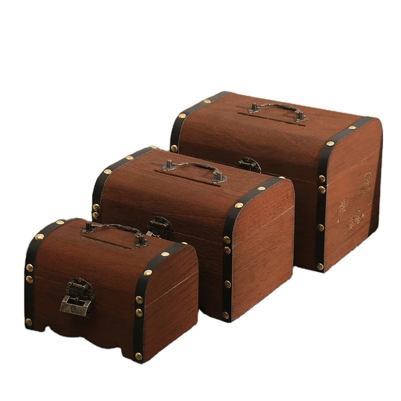 Vintage Wooden Treasure Chest with Metal Accents Secure Lock & Portable Handle Rustic Storage Box for Valuables Keepsakes