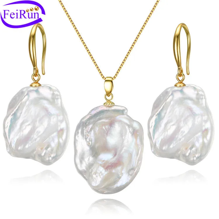 FEIRUN 13-15mm Keshi Hot Sale White Natural Freshwater Pearl Earring Necklace Set
