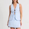 Enyami Linen Cotton Ribbon Sage Tie Front Drawstring Sleeveless Summer Fitted V Neck Casual Knitted Women Blazer Vest Skirt Set
