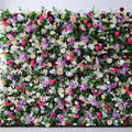 E84 Spring Backdrop Roll up 3D 5D Background Panel Colorful Artificial Silk Red and Purple Rose Flower Wall for Wedding Decor