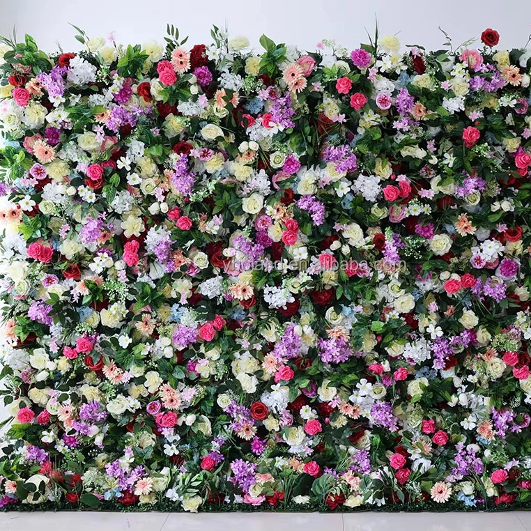E84 Spring Backdrop Roll up 3D 5D Background Panel Colorful Artificial Silk Red and Purple Rose Flower Wall for Wedding Decor
