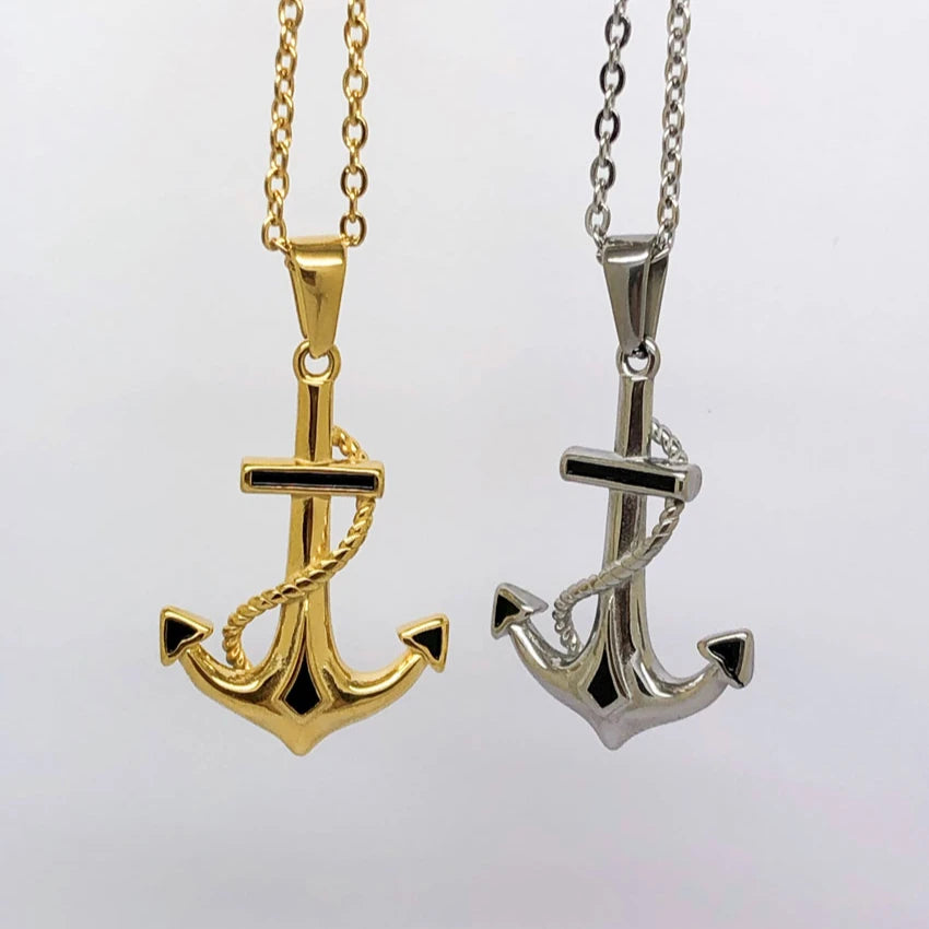 Punk Men Boat Anchor Pendant Stainless Steel Cross Anchor Pendant Necklace Vintage Navy Mooring Rope Anchor Necklace