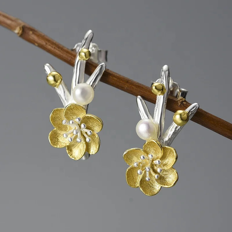 Lotus Fun Handmade New Design Real 925 Sterling Silver 18k Gold Plated Daisy Flower Stud Earring Luxury Jewelry for Women