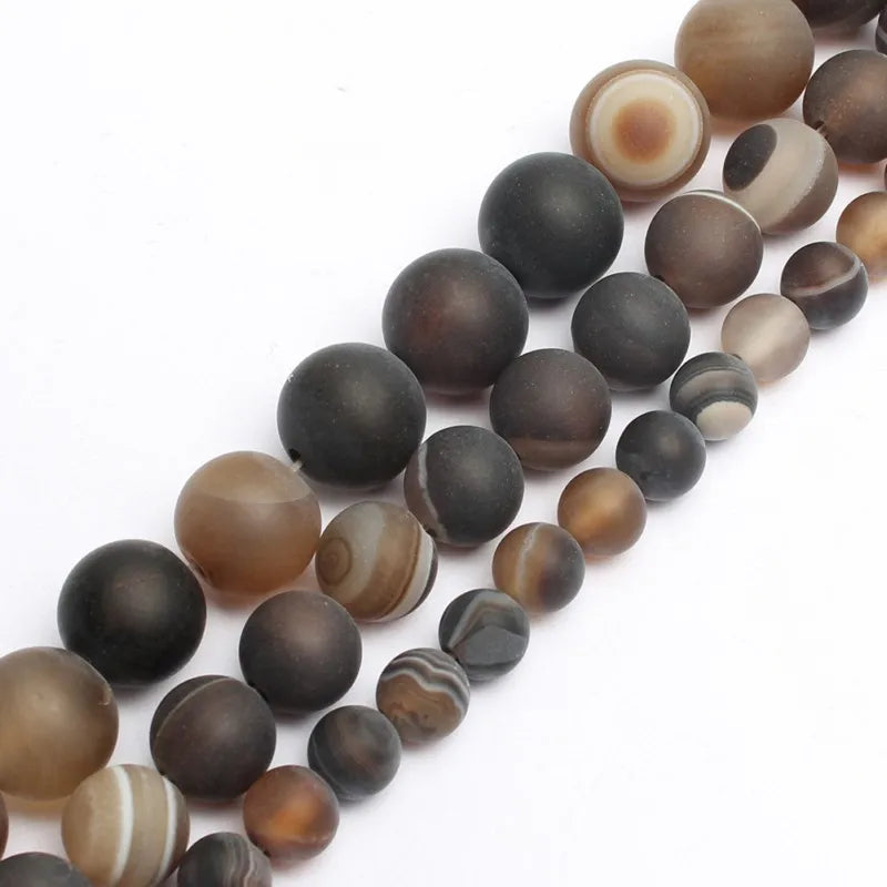 Wholesale Natural Semi Gemstone Frosted Coffee Striped Agates Stone Beads Dull Polish Matte Round 4-12mm for Jewelry Making MegaBDM