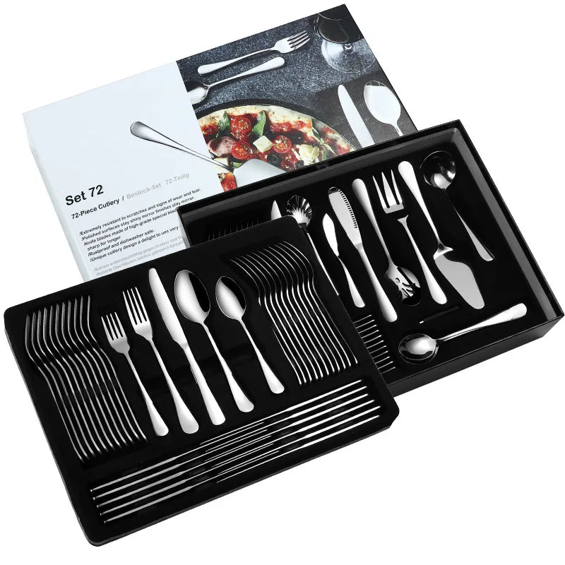 Hot Sale Gift Double Layer Stainless Steel Cutlery Gift Box 72 Pcs with Western Black Flatware Set