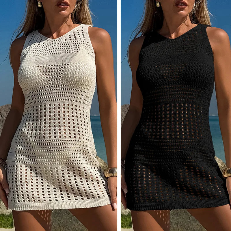 2025 New Design Women's Summer Tunic Breathable Crochet Knit Sun Protective Swimsuit Hollow Beach Cover-up Dress