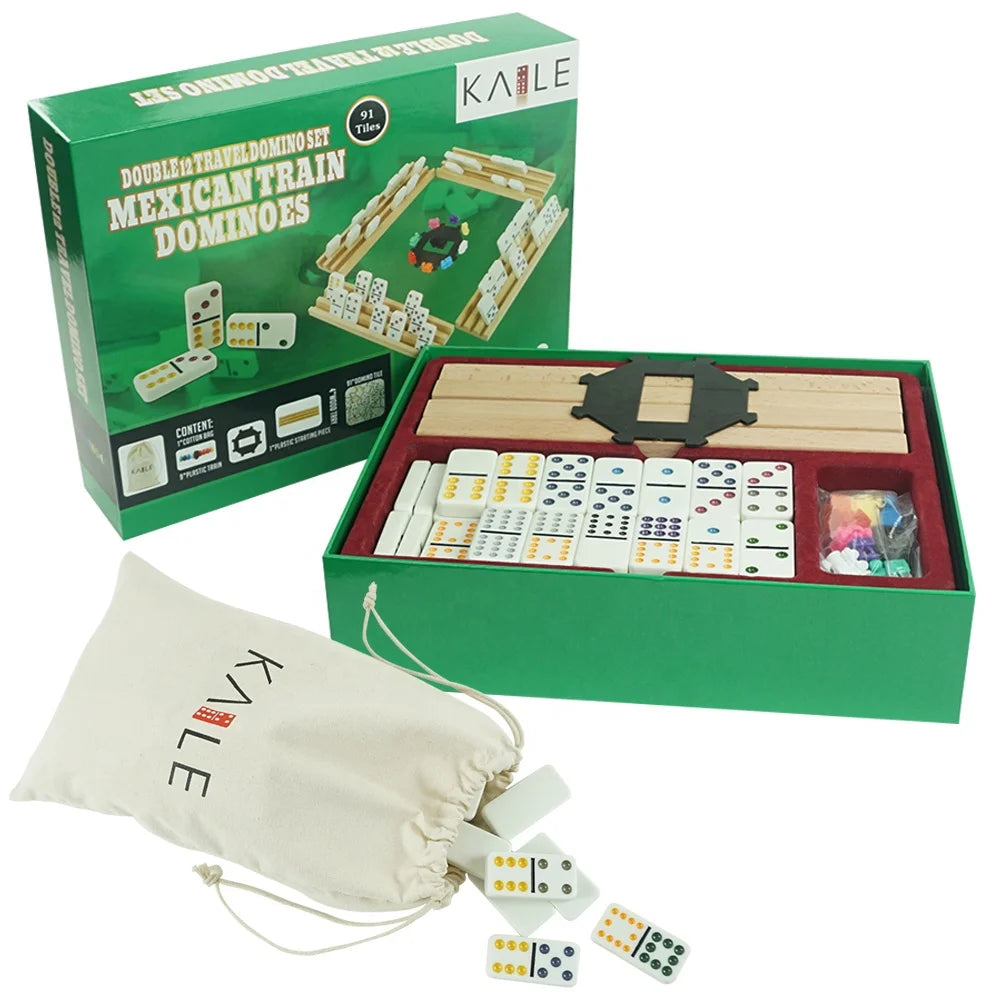 Kaile Luxury Double 12 Domino Set with 4 Wood Trays in Colored Cardboard Box Ready to Ship for Entertainment Products MegaBDM