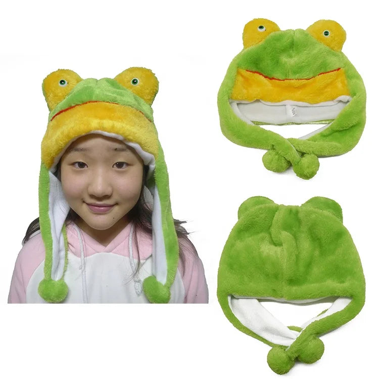 Wholesale Faux Fur Children Animal Winter Hats Cute Plush Frog Head Cap Green Party Hats for Kids Teens