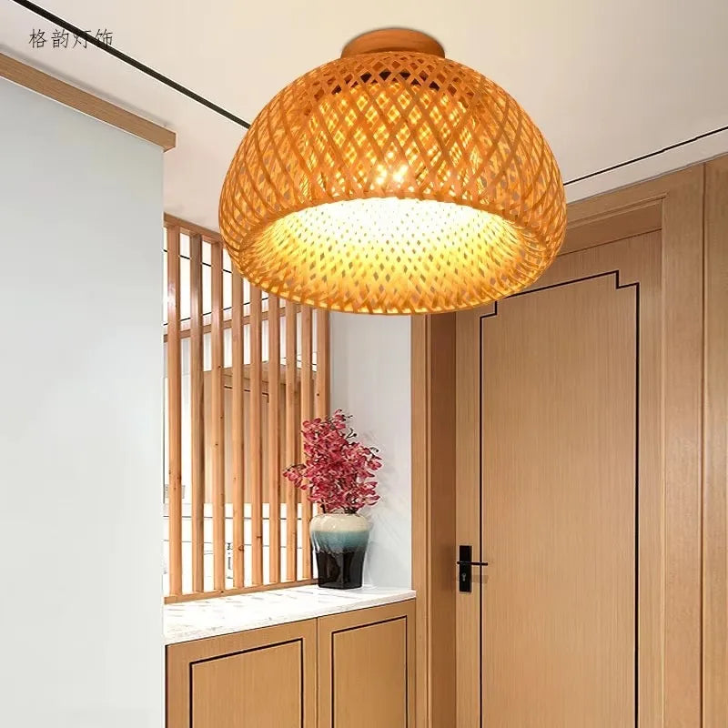 Vintage Bamboo E27 Retro Ceiling Light Hand Woven Bamboo Rattan Boho Light for Farmhouse Kitchen Island Dining Room Home Decor