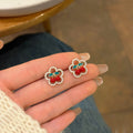 Hot Sale Sweet Delicate Small Cute Red Cherry Pearl Flower Earrings S925 Silver Needle Earrings for Women