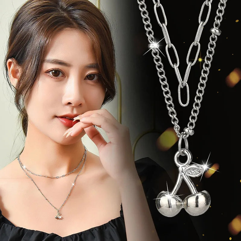 2022 Korean Hip Hop Clavicle Chain Necklace Stainless Steel Layers Choker Cute Cherry Pendant Necklace for Women