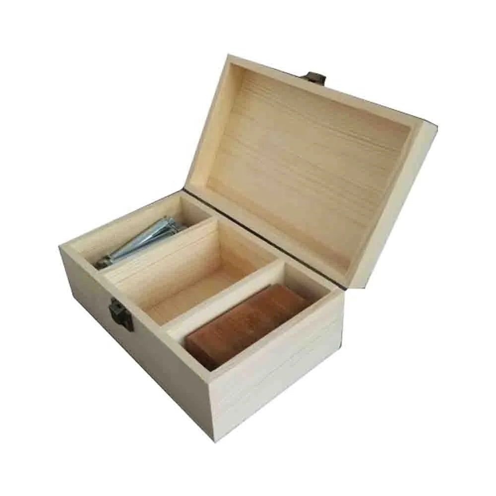 Unfinished Small Rectangle 3 Divider Wooden Stash Box Multifunctional Storage Display for Kids Crafts Sundries Kids Creativity