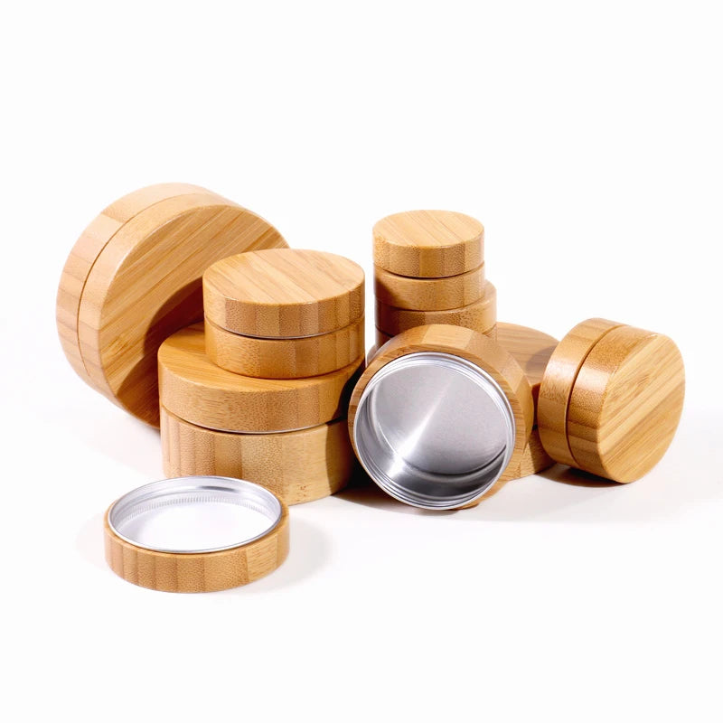 Bamboo Aluminum Round Cans Tins Food Candle Containers With Lid Accept Custom Logos 1oz Metal Engrave Aluminium Cosmetic Jar