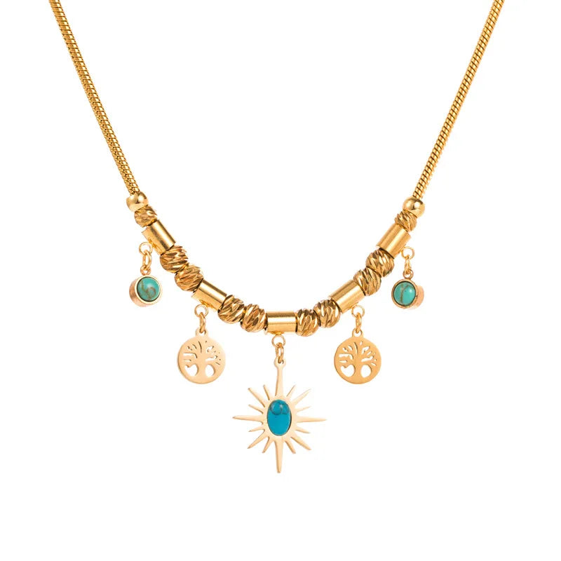 ODM 18K Gold Plated Stainless Steel Necklace Collar Female Inlaid Turquoise Titanium Steel Life Tree Sun Necklace