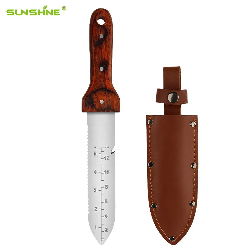 SUNSHINE Wholesale Stainless Steel Double Edge Sharp Blade Leather Sheath Digging Hori Hori Garden Knife Measure Camping Tool