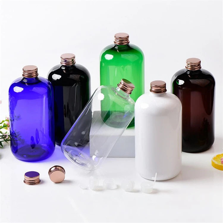 IBELONG 500ml 16OZ Green Amber Blue White Black Clear Short Fat Bottle PET Plastic Body Wash Bottle with Aluminum Screw Cap