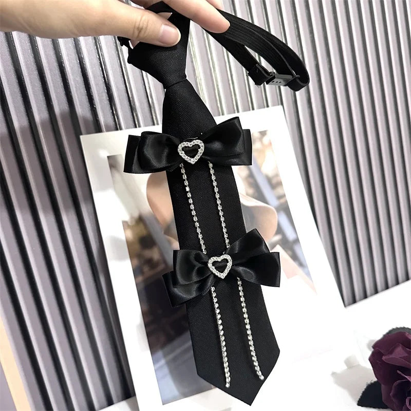 Handmade Women's College Style Decorative Scarf with Heart Bowknot Tassel and Rhinestone Accent Personalized Uniform Accessory