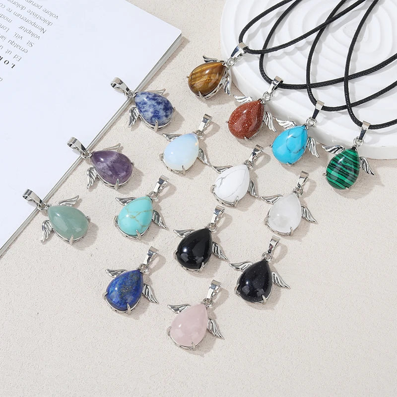 Healing Crystal Angel Wing Pendant Chakra Balance Gemstone Pendants Angel Fairy Dangle Charms