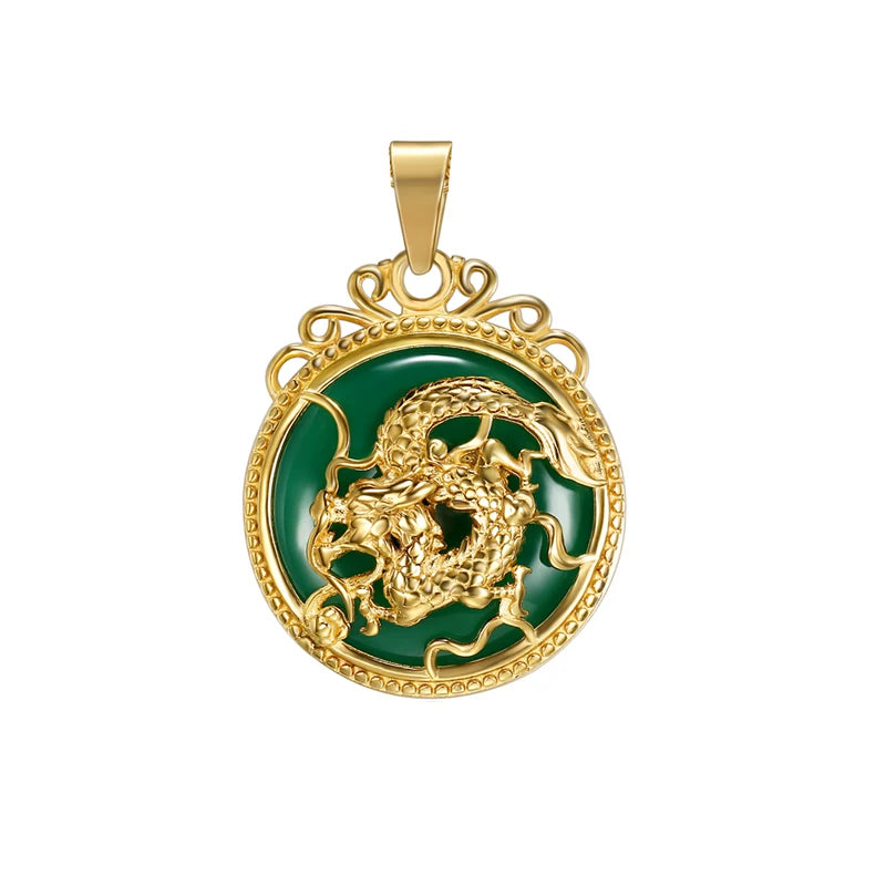 Dainty Gold 18k Stainless Steel Jade Dragon Pendant Animal Jewelry Green Chinese Dragon Necklace Pendant for Men