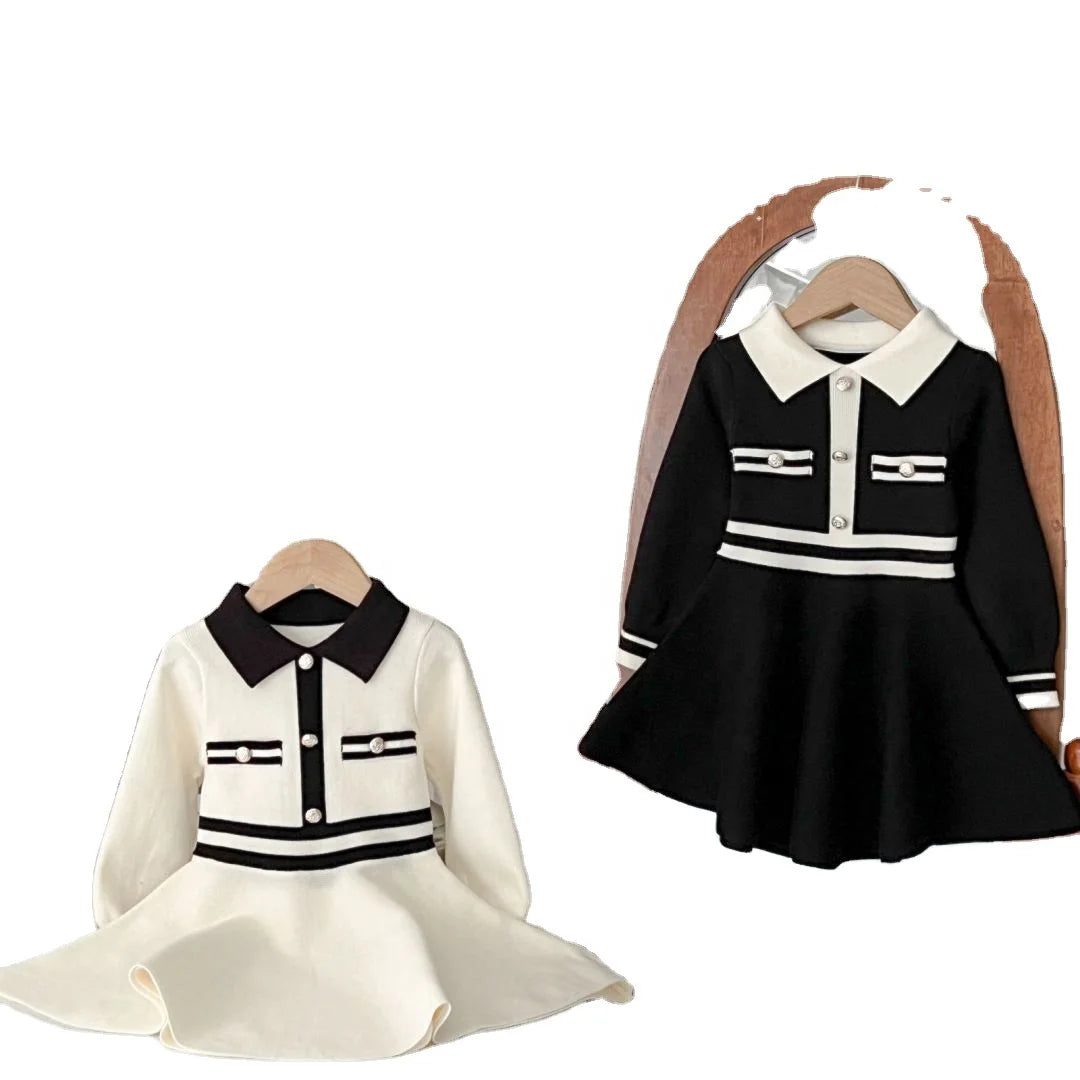 2023 Autumn Winter Girls Dress Luxury Knitted A-Line Long Sleeve Warm Pullover with Pearl Buttons Sweet Striped Pattern Sweater