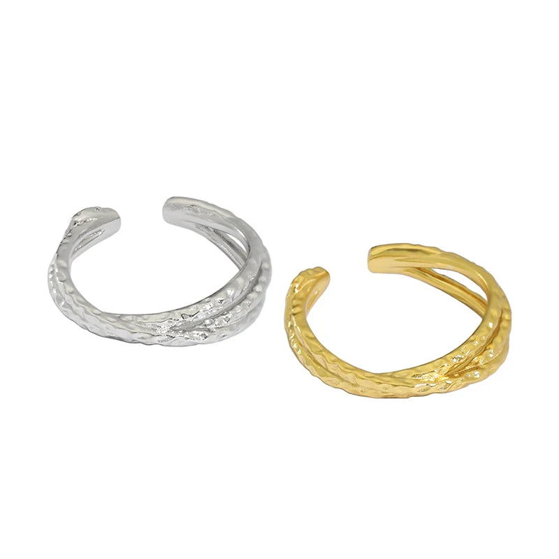 WuQie Fashion Design Irregular Surface Hammer Grain Rings Cross Hammered Sterling Silver Ring