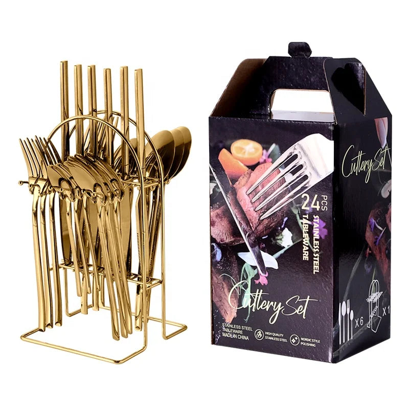 Wholesale 24pcs Gold Plated Stainless Steel Cutlery Restaurant Quality Flatware Set Elegant Silverware Spoon Colors Packaging