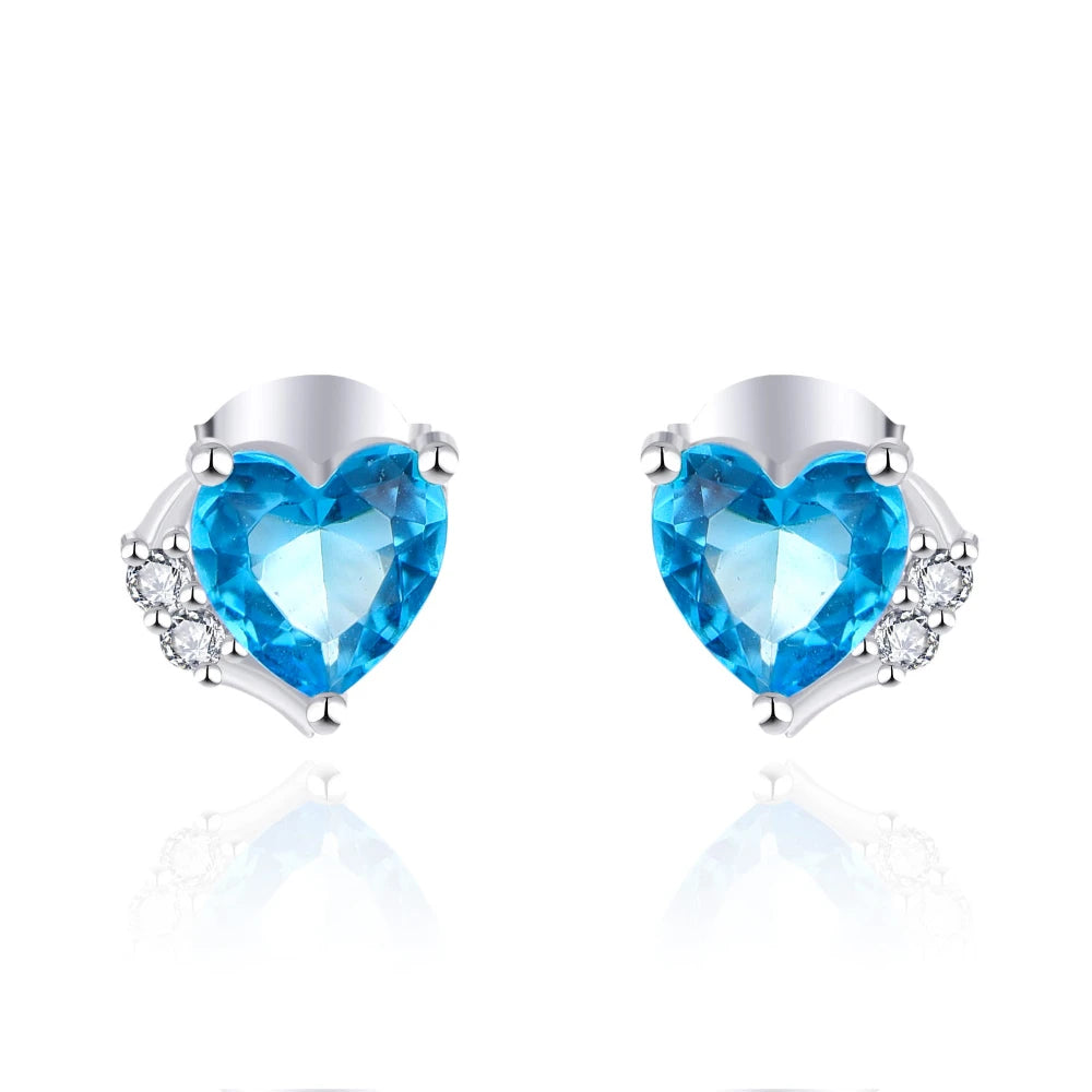 Wholesale 925 Sterling Silver Heart Blue Topaz Stud Earrings With CZ Accents Romantic Wedding Jewelry for Women