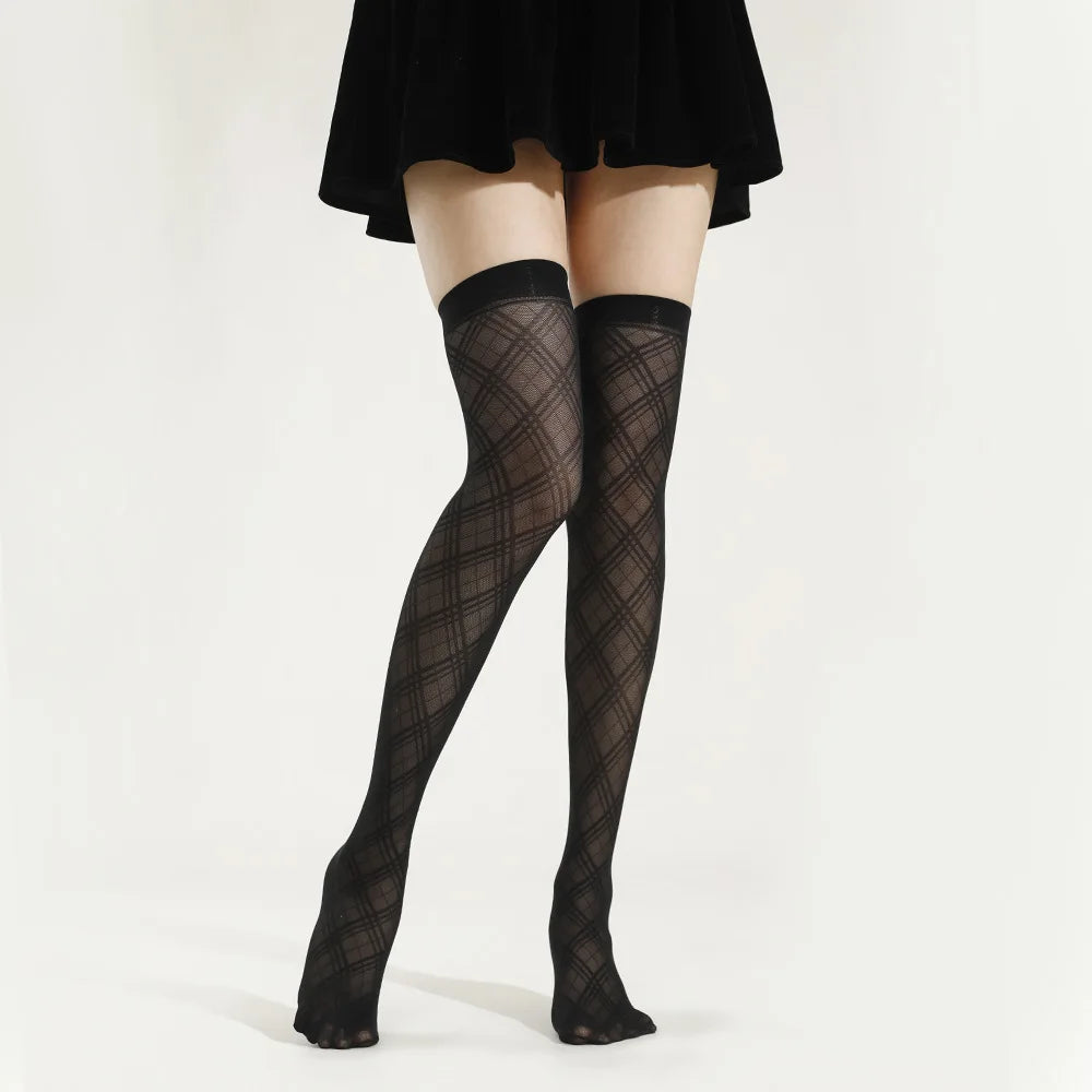 Long Thin Jacquard Stripe Plaid Pantyhose/Tights Women Free Size Black Knee Stockings New Style Breathable Anti-Bacterial SEAMED MegaBDM