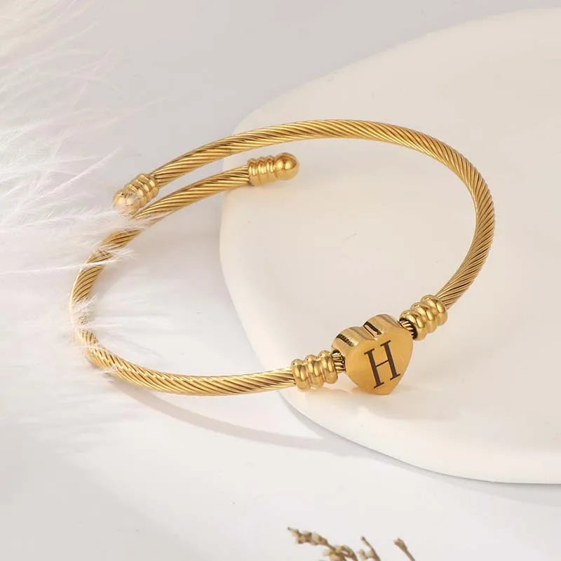 Zhongzhe Factory Free Logo Fee 18K Gold Plated Heart Cable Initial Bracelet Women Girls Friendship 26 Letters Bracelets Bangles
