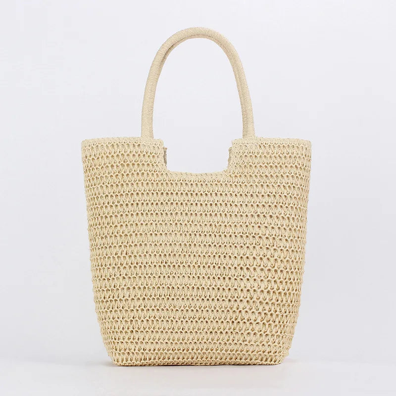 Women's Lady Fashionable Summer Beach Handbag Large Capacity Straw Woven Two Straps Shoulder Bag Zip Closure Portable Autumn