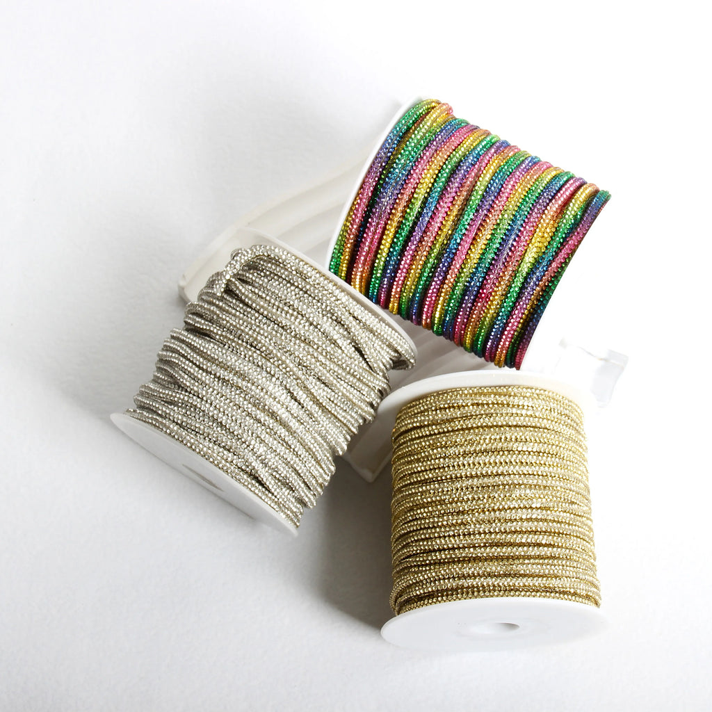 25-Yard Roll 4mm & 6mm Cotton-Glass Sparkling Rope for Garment Processing with Crystal Rhinestone Trimmings