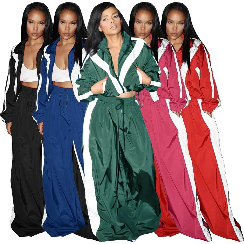 Colorblock 2 Piece Sets Women Outfit Spring Fall Clothes 2025 Women Casual Loose Crop Top Wide Leg Pants Sets