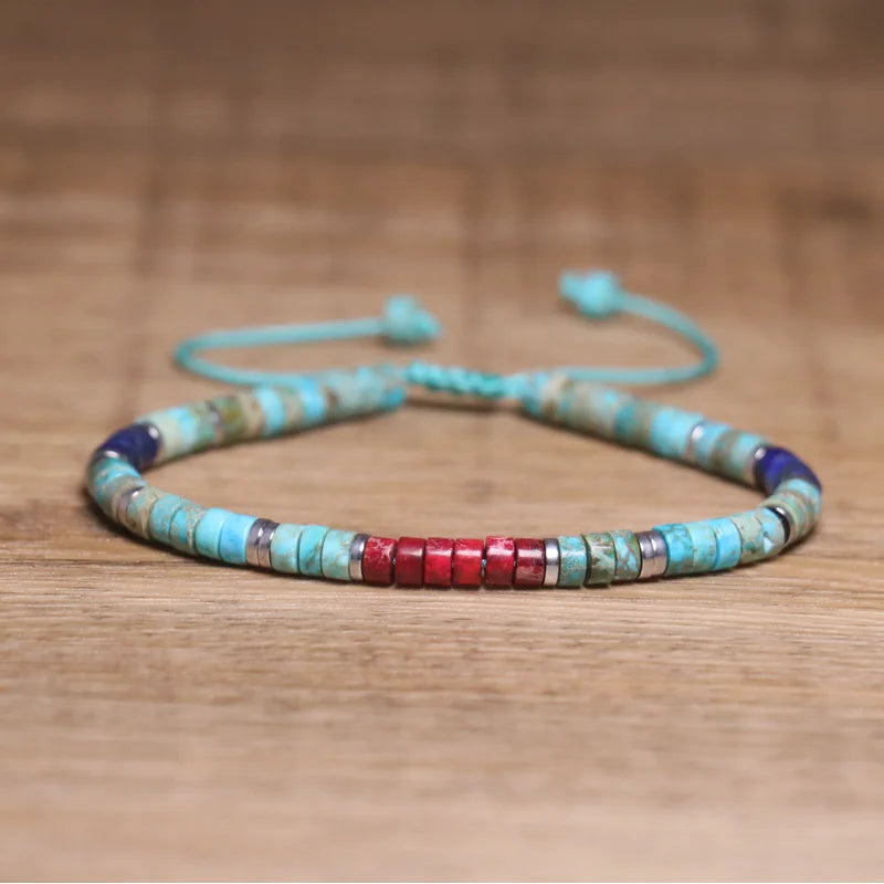 Bohemian Blue Turquoise Abacus Beaded Bracelet for Men Women Dainty Natural Healing Stone Red Emperor Braided Bracelet Unisex
