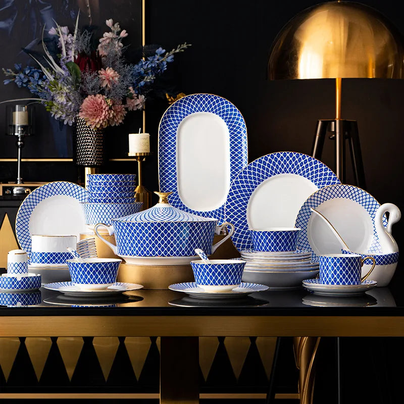 Luxury High-grade Embossed Bone China Dinnerware Set European Style Ceramic Bowl Dish Combination Dishwasher Safe Household Gift