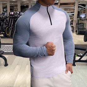 1/4 Zipper Elastic Printed Longsleeve T Shirt Men Sports Running Compression Shirt Men Quick Dry Gym Shirt