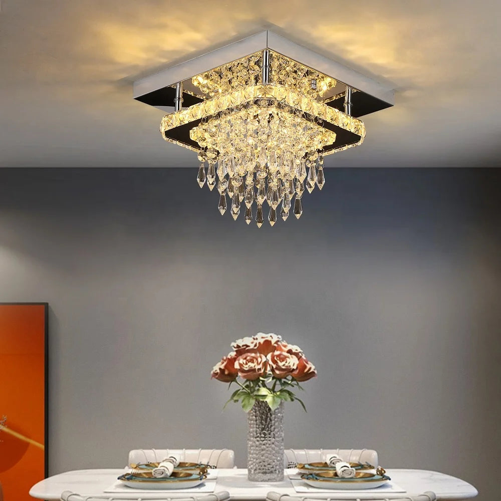 Modern Elegant Hotel Corridor Hallway Chrome Stainless Steel Crystal Ceiling Lamp for Loft Balcony