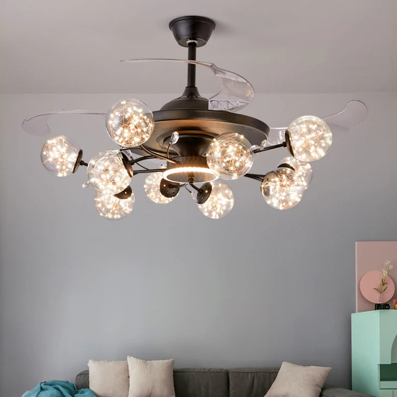 Home Decor Metal Black Large Glass Chandelier with Fan Indoor Modern Round Led Ceiling Fan with Light