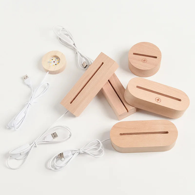 Round Wooden Lamp Base USB Powered Modern Night Light with Dimmable LED for Kid's Room and Bedroom Decoration