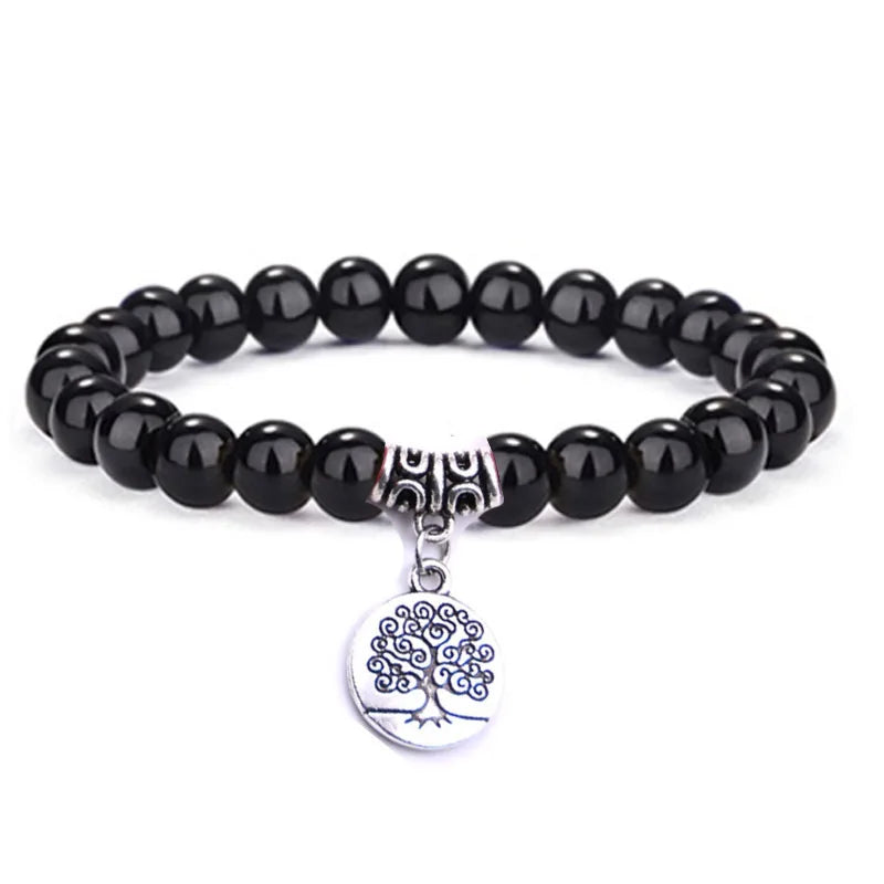 Men's Tree of Life Pendant Hand-Strung With Volcanic Stone Hematite and Obsidian Featuring Diamond and Charm Bracelet Design