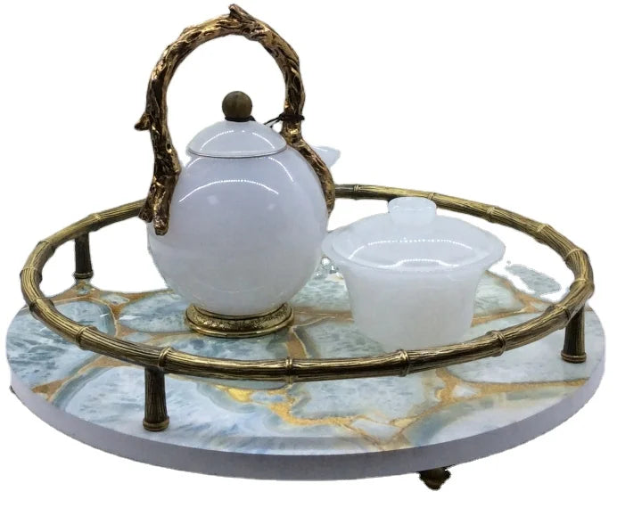 Creative Round Shagreen Decorative Perfume Living Room Kitchen Serving Tray with Handle