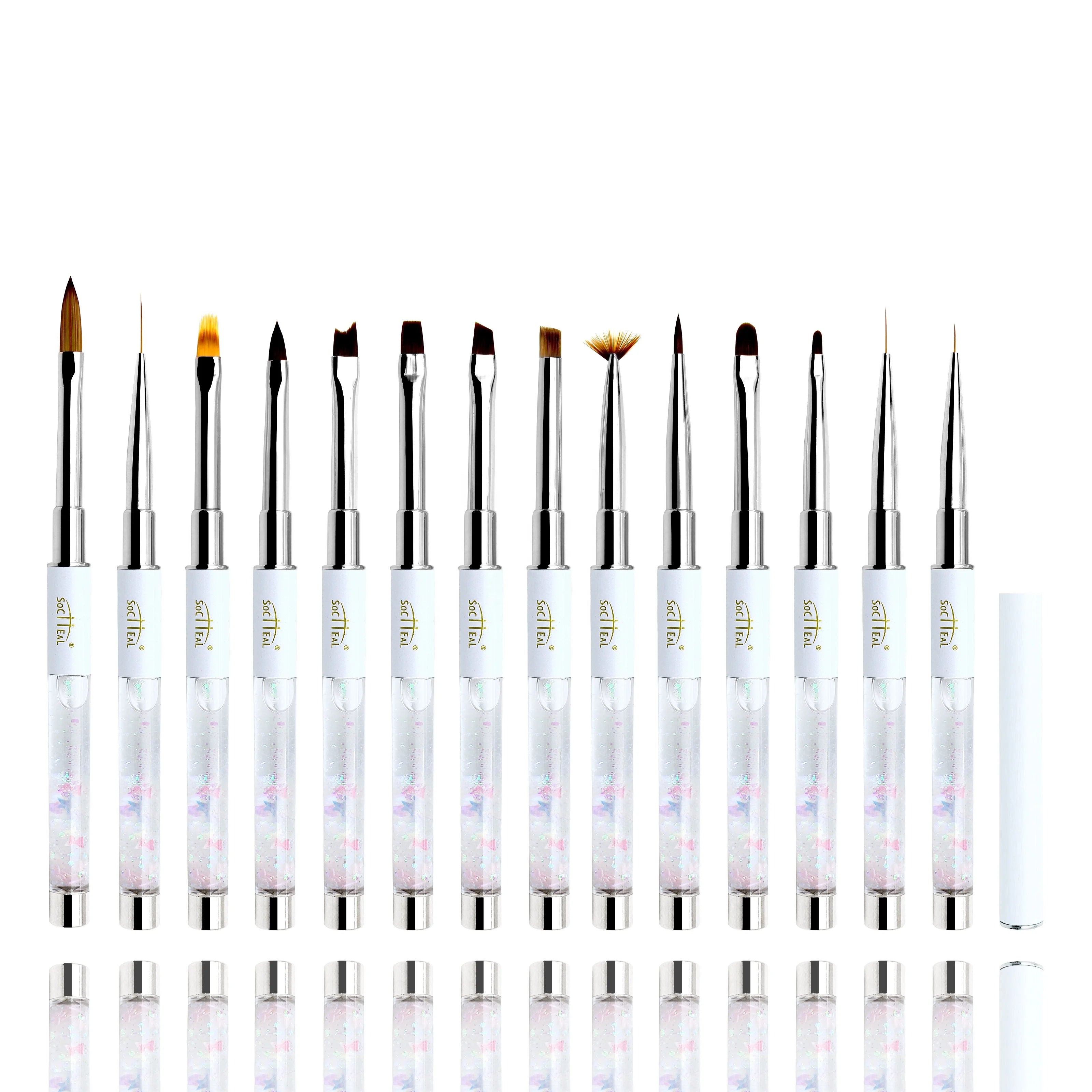 Luxury 14pcs Liquid Glitter Sequins Handle Gel Nail Art Brushes Set Customizable Nylon & Kolinsky for Professional Manicure